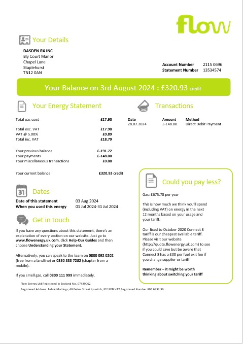 United Kingdom Flow Energy business utility bill template in Word and PDF formats
